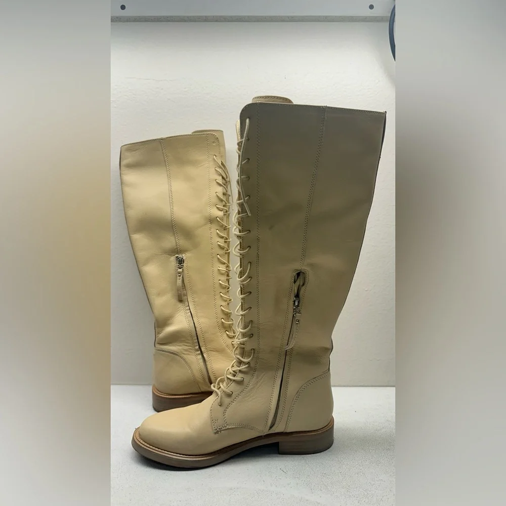 Sam Edelman Nance Lace Up Knee-High Boots, Cream, Size 7.5